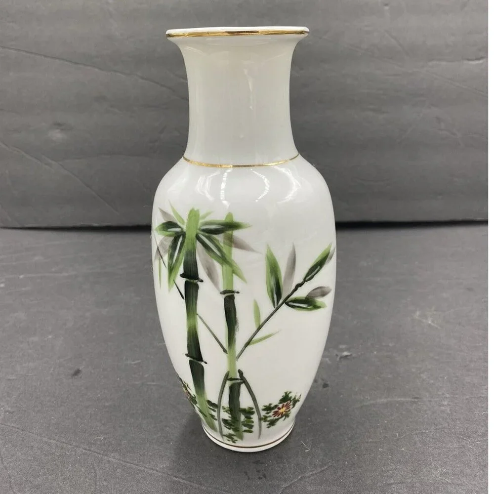 Vintage Japanese Porcelain Vase Butterfly Bamboo Floral Gold Trim‎ Cottagecore